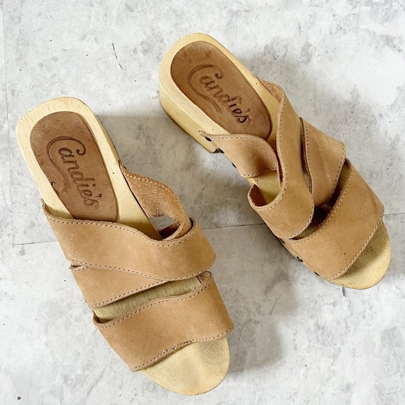 Vintage 90s y2k Candies Wooden Leather Wooden Platform Clog Sandals 7.5 Hippie - Picture 2 of 8